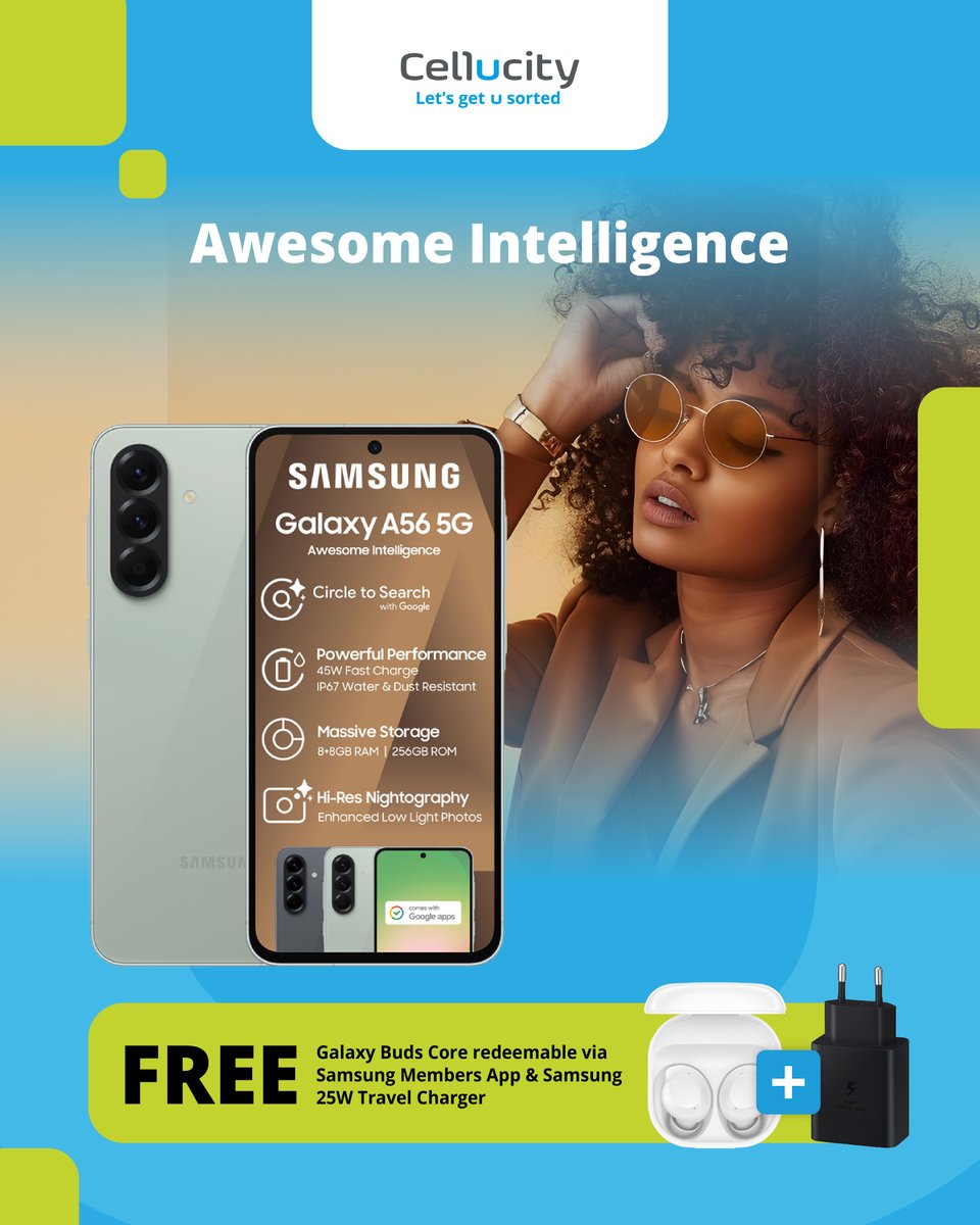 🌞📱 Samsung Galaxy A56 5G – Summer Sorted! 🇿🇦

Get it on Vodacom RED 1GB + 50 Min
➡️ From R399 x 36 months
🎁 FREE Galaxy Buds Core + 25W Charger*
👉 Apply: bit.ly/4jbdGoV

➡️ OR R9 999 cash (phone only)
🛒 Buy now: bit.ly/4qrBUhm