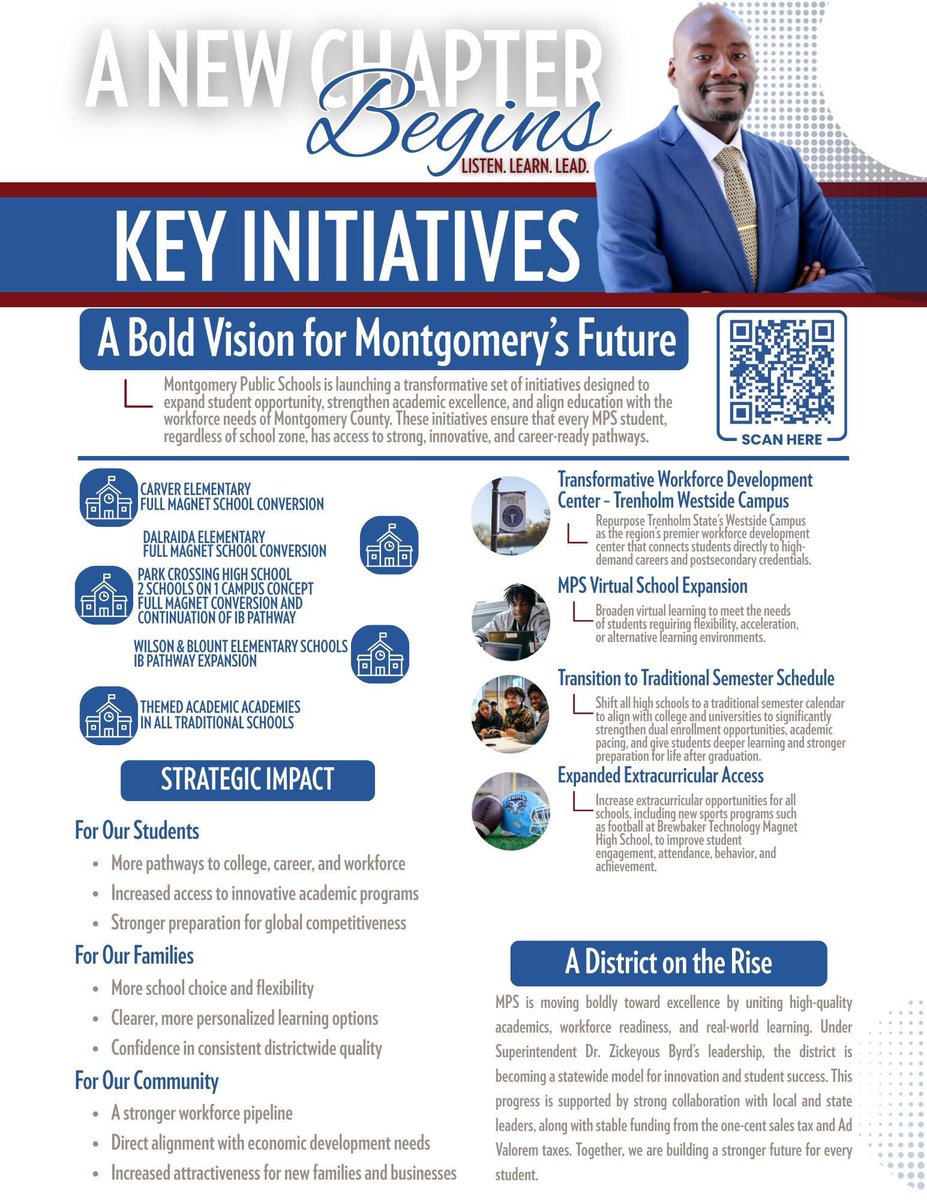 ZickeyousByrd's tweet photo. Montgomery, we’re building the future, and we’re doing it together! 
Our Key Initiatives are about expanding opportunities, strengthening pathways, and ensuring every student graduates ready for college, career, or both.
👉 https://t.co/ejnWuVxLeS https://t.co/xDA5zy2dhD