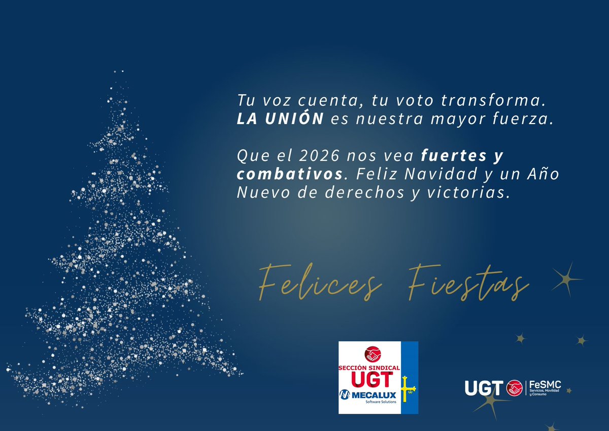 UGT_MSS's tweet photo. Todas/os las/os compañeras/os que formamos la Sección Sindical de UGT en MSS os deseamos unas felices fiestas y un feliz año 2026.
#UGT_MSS https://t.co/gyIIAeSZmH