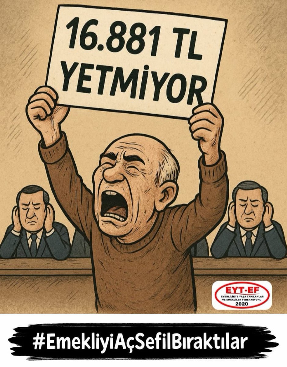 EMEKLİ
👇
#EmekliyiAçSefilBıraktılar

Bir ömür alın teri dökeni açlığa mahkum ettiler!

Milyonları bile isteye yoksullaştırıp sefalete sürüklediler.

Bu adaletsizlik unutulmaz, affedilmez!
Hesabını #Emekli sandıkta soracak.

#5000KısmiyiSersefilBıraktılar
<a href="/RTErdogan/">Recep Tayyip Erdoğan</a>
<a href="/isikhanvedat/">Prof. Dr. Vedat Işıkhan</a>