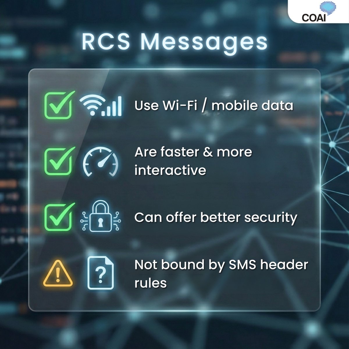 ConnectCOAI's tweet photo. Can you spot RCS in your inbox?

RCS looks like SMS but supports media, buttons, maps and real time updates inside your messaging app. It works over mobile data or Wi Fi and enables richer, more interactive communication.
Swipe to decode RCS.

#RCS #Telecom #DigitalMessaging https://t.co/VYWS0VBTNW