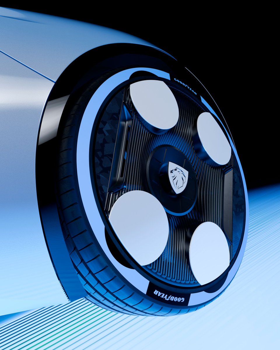 Peugeot's tweet image. Close up, #PeugeotPolygonConcept reveals how much work has gone into every surface. Detailed wheel designs, 3D printed single piece covers and @goodyear customized tires powered by Goodyear SightLine technology to give real time tyre information inside the car. #LetTheFunBegin
