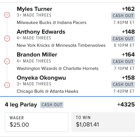 ColesAlgoPicks's tweet photo. 🎯 THREES PARLAY 🎯
Myles Turner 3+
Anthony Edwards 4+
Brandon Miller 4+
Onyeka Okongwu 3+
💰 $25 → $1,081
📈 +4325
Volume shooters. Green-light matchups.
#NBA #NBAPicks #PlayerProps #Threes #Parlay https://t.co/U3vSiqmILc