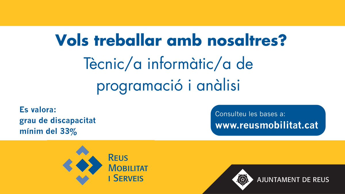 reusmobilitat's tweet photo. Ref 11183- Procés selectiu per la contractació indefinida d’un/a tècnic/a informàtic/a de programació i anàlisi

https://t.co/XcHHYbMpsa

@reus_cat @Mas_Carandell #feina #treball #reus https://t.co/z4uAiSyPW8