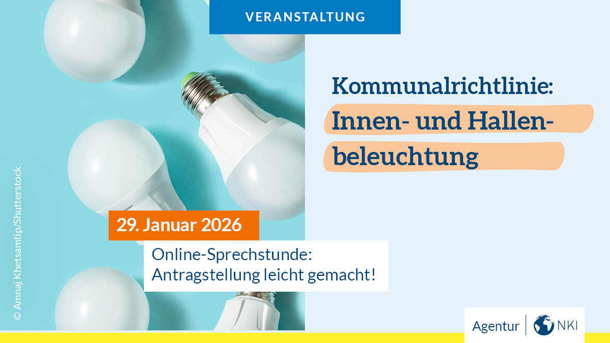 NKI_Bund's tweet photo. In unserer Online-Sprechstunde am 29. Januar dreht sich alles um die Antragstellung zur Innen- und Hallenbeleuchtung im Rahmen der Kommunalrichtlinie.💡🍃

📅 29. Januar 2025
🕜 10:00 - 11:30 Uhr  

Jetzt anmelden: https://t.co/t9n0fg68Lk https://t.co/rlFyi4DBNf