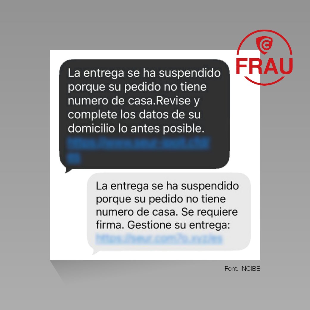 ⚠️Alerta! Has rebut un SMS que informa d'un problema amb el lliurament d’un paquet? No facis clic a l’enllaç.

Recorda, si reps un missatge com aquests, esborra’l i bloqueja el remitent. I si dubtes, contacta amb l'empresa només a través dels canals oficials.