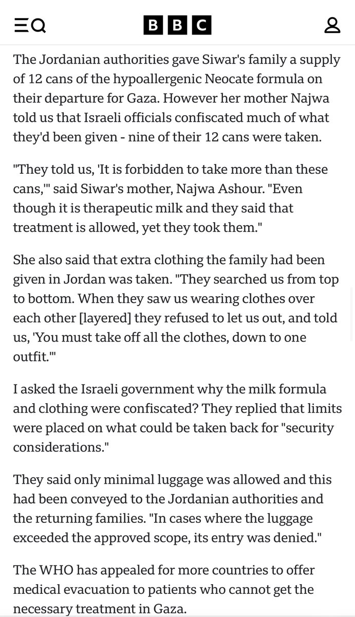AbubakerAbedW's tweet image. The Israeli government told the BBC it had confiscated milk formula and children clothing from wounded children’s families, returning from Jordan to Gaza, for security considerations 

This is all sickening