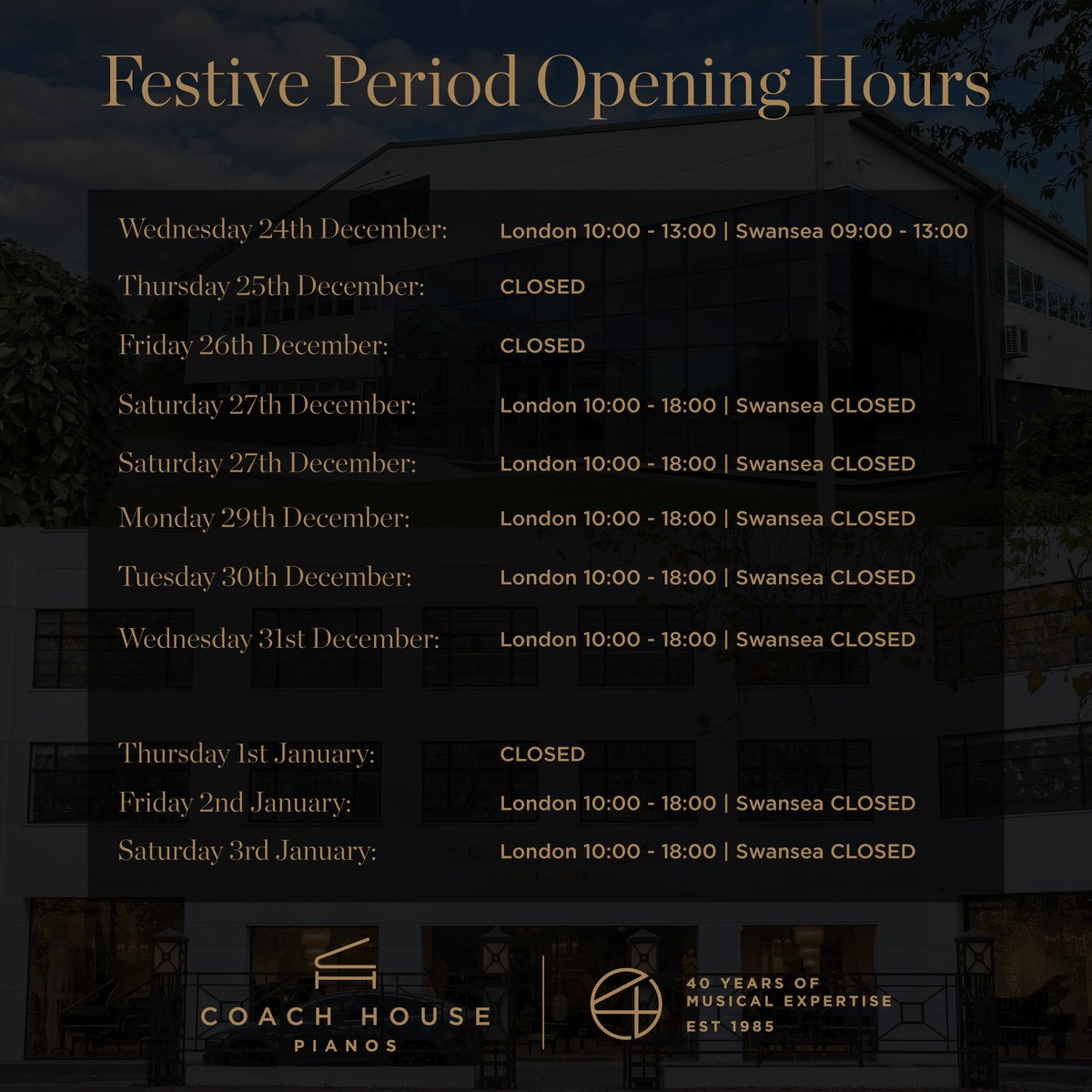 CoachHouseUK's tweet photo. If you are planning a visit to us in the next few weeks, here are our opening times for the festive period:
https://t.co/TkCQ0Jeqk9 https://t.co/JLnjom9vti
