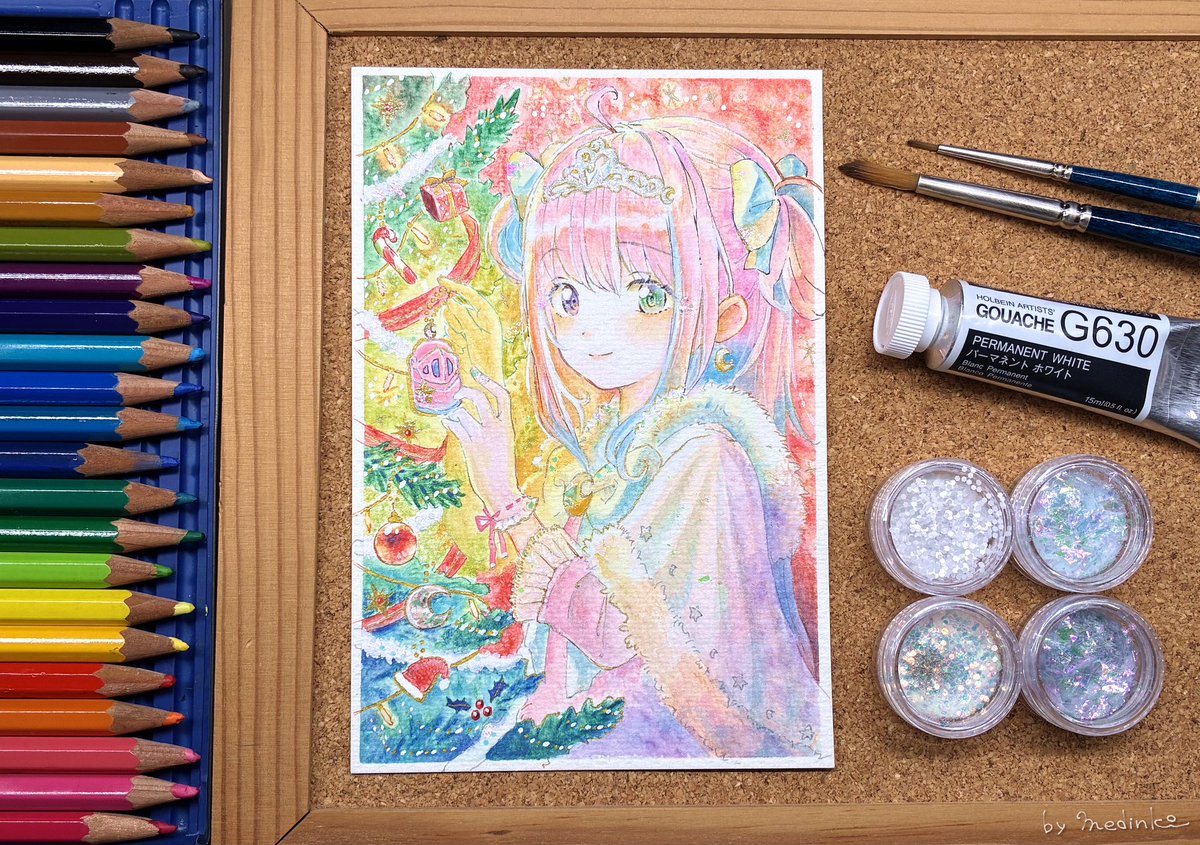 水彩色鉛筆とラメ素材で描きました🎨🍬