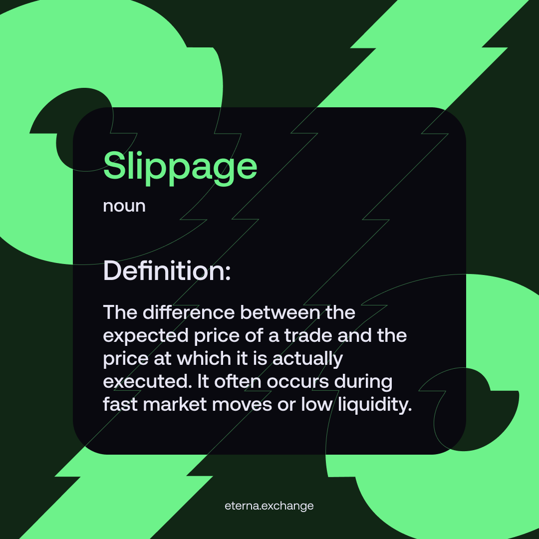 Eterna_Hybrid's tweet photo. Slippage is what happens when the price moves before your trade is fully executed.

You click Long or Short at one price, but the market fills your order at a slightly different one.

This usually happens during fast market moves or when liquidity is low - and it’s why deep liquidity matters.