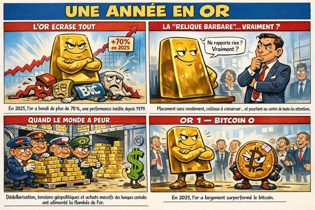 Une année en OR !

L'or a été une des vedettes de l'année 2025. Avec une hausse de plus de 70%. Une hausse annuelle qui a dépassé celle de 1979.

L'or a frôlé les 4500 $ après avoir démarré l'année près des 2500 $.

Il a entraîné dans son sillage tous les métaux précieux de