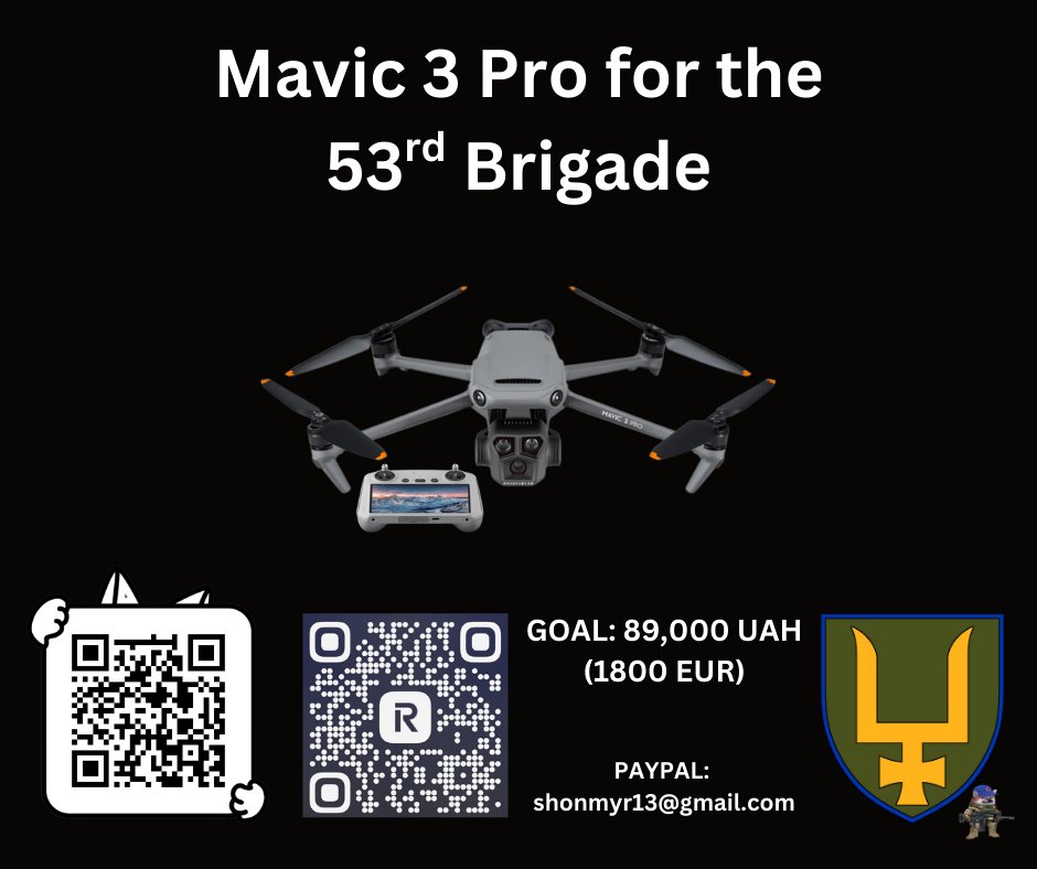 Pionier_Adler's tweet photo. Mavic 3 Pro needed for the 53rd Brigade!!

Every contribution helps! Even the smallest amount brings us closer to giving our defenders the tools they need.

Day: 12
Collected: 308 EUR
Goal: 1800 EUR

Monobank: https://t.co/hYEJ9cAqVd
PP: shonmyr13@gmail.com 
Revolut: https://t.co/QpfWjPPBwd 
All: https://t.co/NlhzdnqXHl