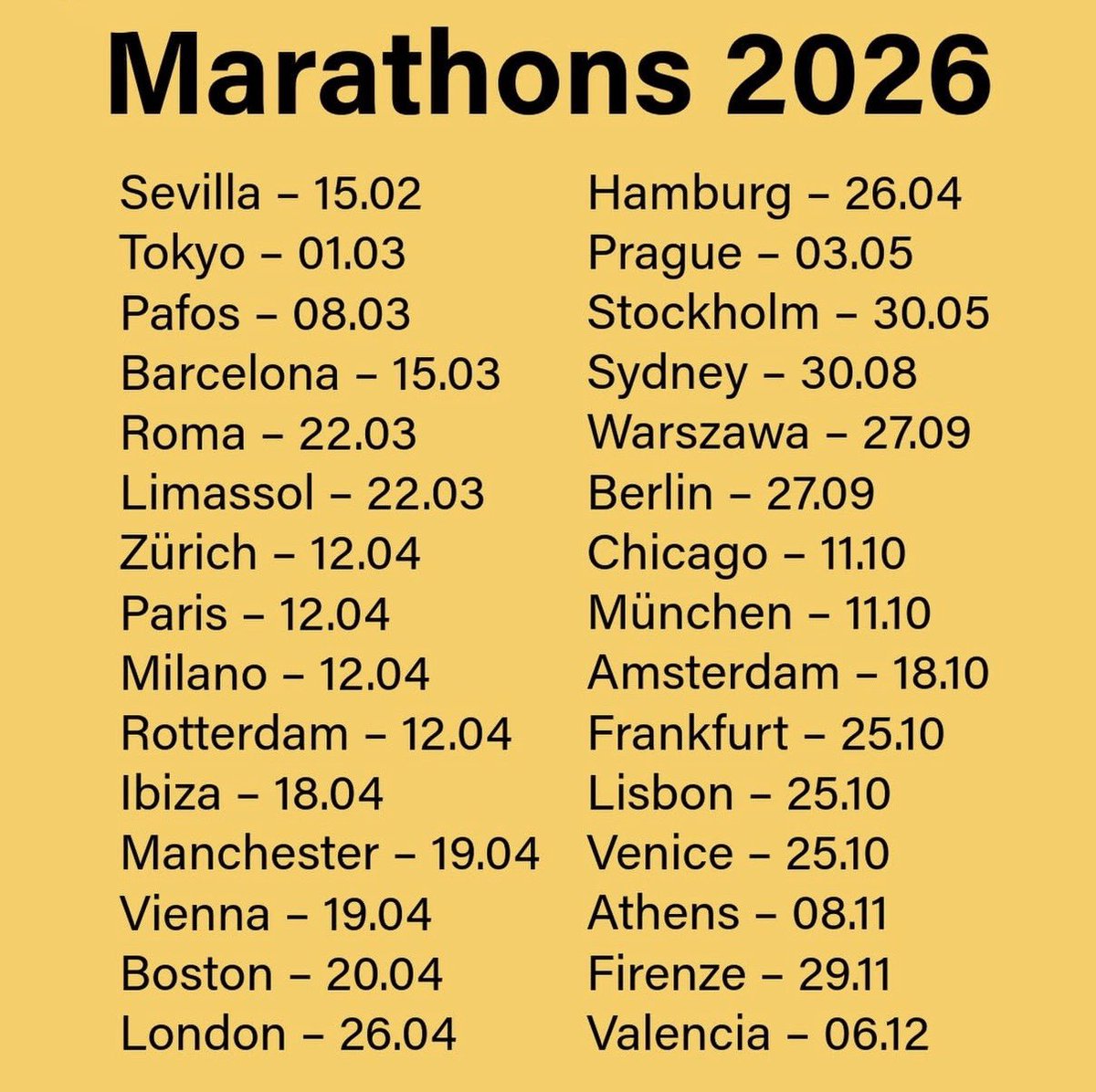 Newton_Road's tweet image. #motivationtuesday It’s Tuesday and there’s no run club thanks to Christmas holidays, but if you’re dreaming of a marathon in 2026, this one’s for you. Here’s a list of marathons to spark the motivation and help you choose your goal for 2026💛🖤💛 #anythingispossible #2026goals