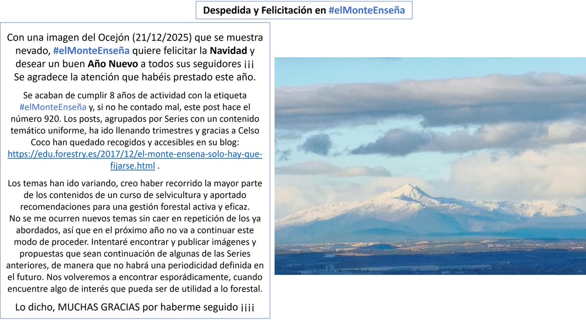 ¡ Feliz Navidad ! #elMonteEnseña se despide hasta el año próximo y os desea que sea bueno, el mejor.

Los 8 años de contacto que ahora se cumplen se pueden ver en edu.forestry.es/2017/12/el-mon…, donde los ha reunido <a href="/eforestal/">educación forestal🇪🇺</a> , gracias.

Hasta pronto, saludos...