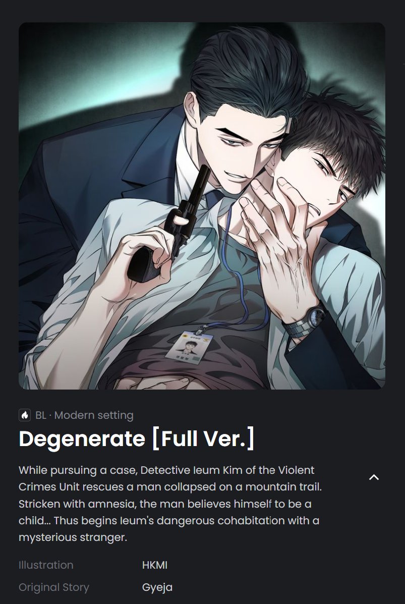 🤍'망종(亡種)' 영어가 MANTA에서 런칭 되었습니다. 잘 부탁드립니다.

「Degenerate」 has been uploaded to MANTA. We hope you enjoy it. Thank you.

Degenerate [Full Ver.]
🔗manta.net/en/series/dege…
Degenerate
🔗manta.net/en/series/dege…