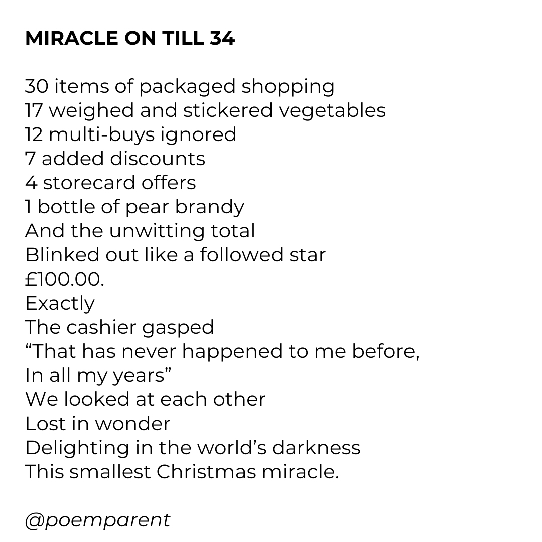 Woken this morning by the christmas grocery delivery and it reminded me of this true story from a couple of years ago.

#dailypoem #poemaday #supermarket #christmas #xmasmiracle #groceries #poem #poetry #christmaspoem