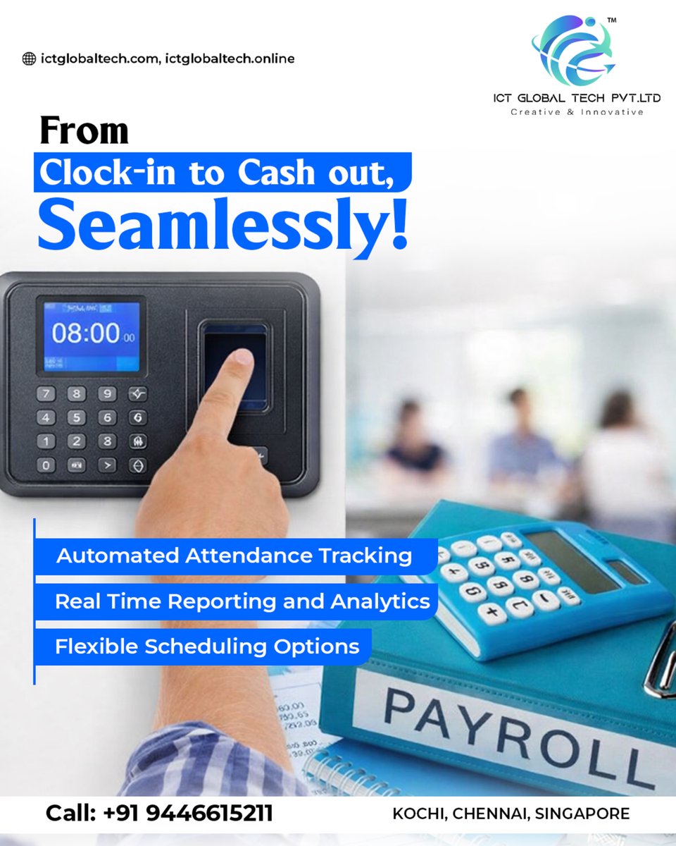 Streamline your workforce management from the moment employees clock in to the final payroll payout, effortlessly and accurately.

 Contact us today to get started.
+91 9446615211
 Kochi | Chennai | Singapore

#AttendanceManagement #PayrollSolutions #HRTech #WorkforceAutomation
