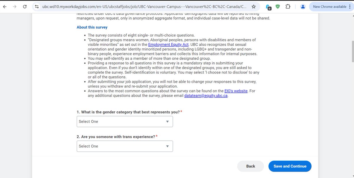 BcMeggster's tweet image. Here's UBC Trans Identify questions you MUST answer before you submit a resume.  It's all illegal in Employment Standards law &amp;amp; Human Rights.. &amp;amp; non-compliant w/Freedom of information Acts, it later states, after you answer questions, that you did so "voluntarily" @One_BCHQ #bced