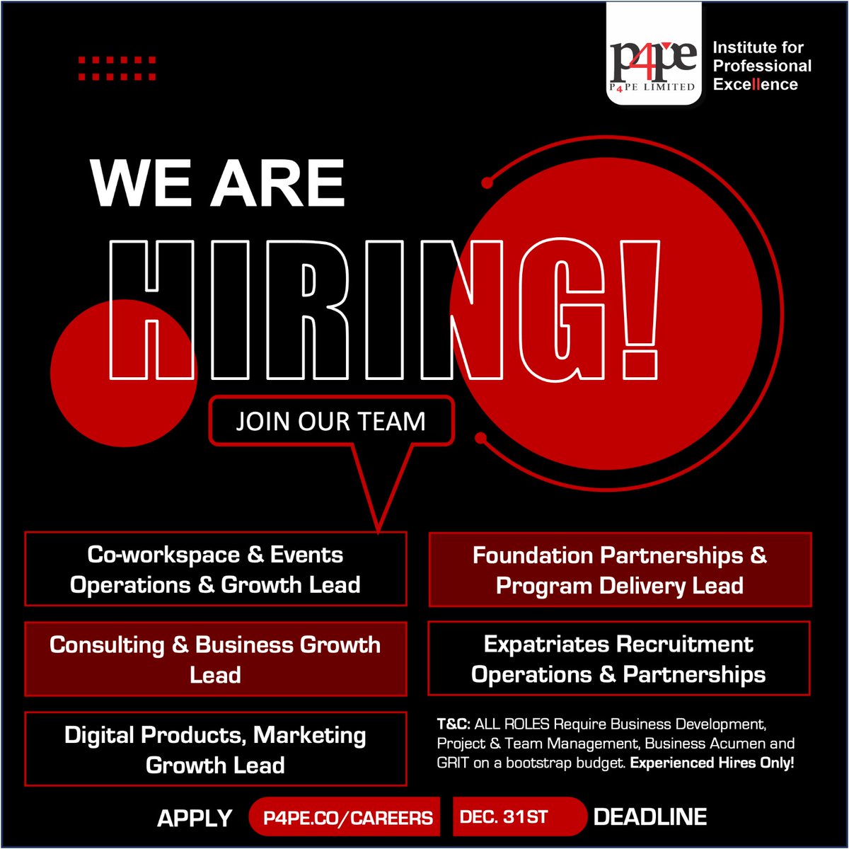 P4PEtwt's tweet image. P4PE Institute is hiring experienced professionals across multiple leadership roles.

If you’re driven, skilled, and ready to do serious work, this is for you.
Apply: bit.ly/P4PE-CAREERS-A…
Deadline: Dec 31, 2025

#P4PEInstitute #Hiring #CareerOpportunities #LeadershipRoles