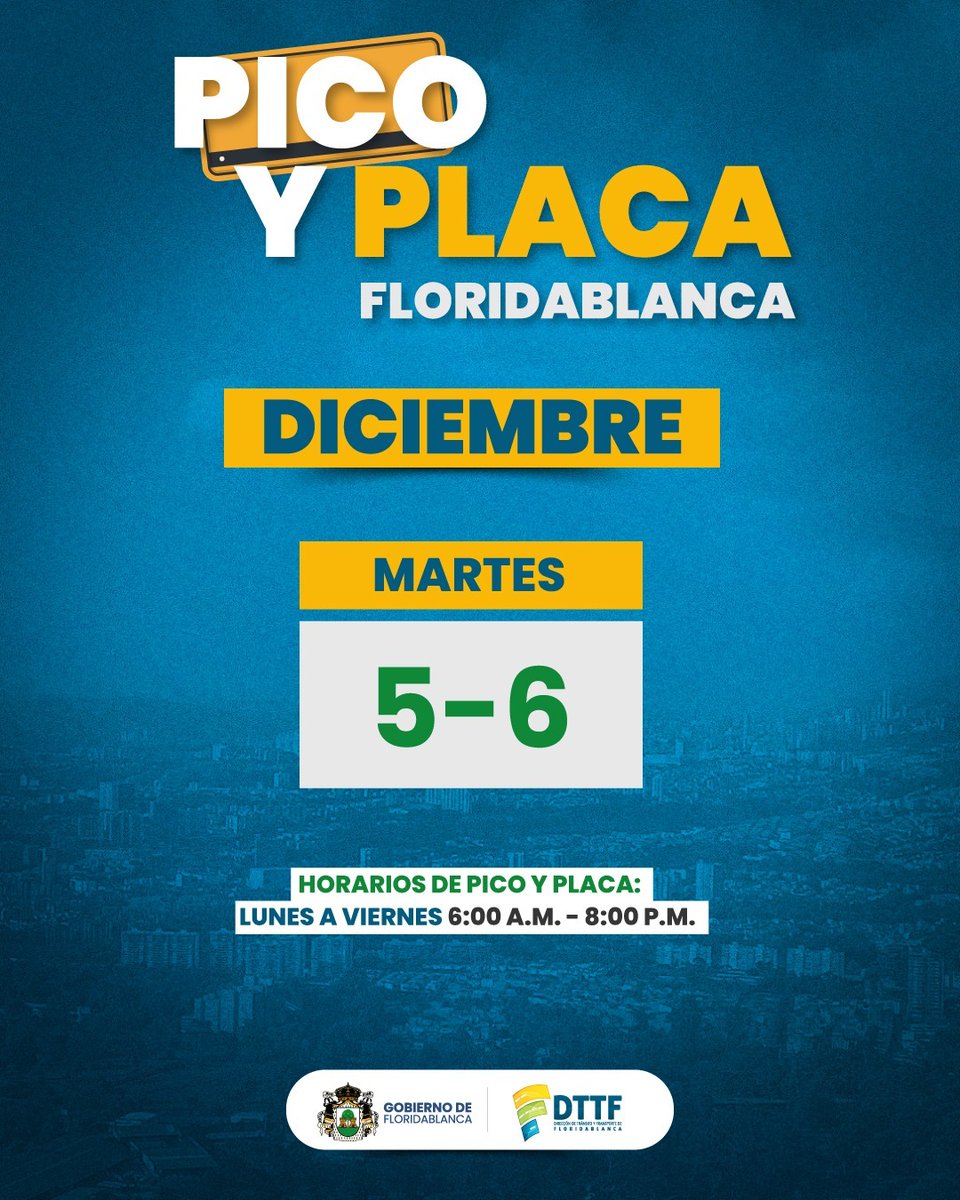 #PicoyPlacaDiciembre
Este 23 de  diciembre , la medida, será de 6:00 a.m. a 8:00 p.m. para los vehículos cuyas placas terminan en 5-6.
🔴 Importante: En Floridablanca no habrá vías exentas, por lo que la restricción aplicará en toda la ciudad.