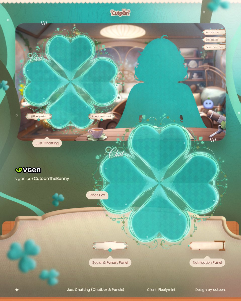 I made Just Chatting Overlay (Chatbox &amp; Panels only) for <a href="/floofymint/">Floofymint</a> 🍀

🔍Find Floofymint on Twitch Don't miss out on exciting moments! 

Hit me on Dm if you want custome overlay like this!🐰

#VGenOpen #VGenComm #StreamAssets