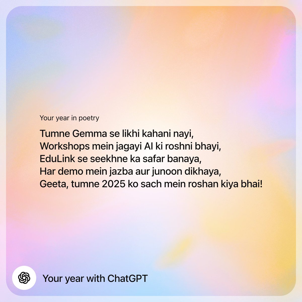 kakranig's tweet photo. awesome poem written by chtgpt for me 😀
#ChatGPT #Gemma https://t.co/tx5Fm5Bfs5