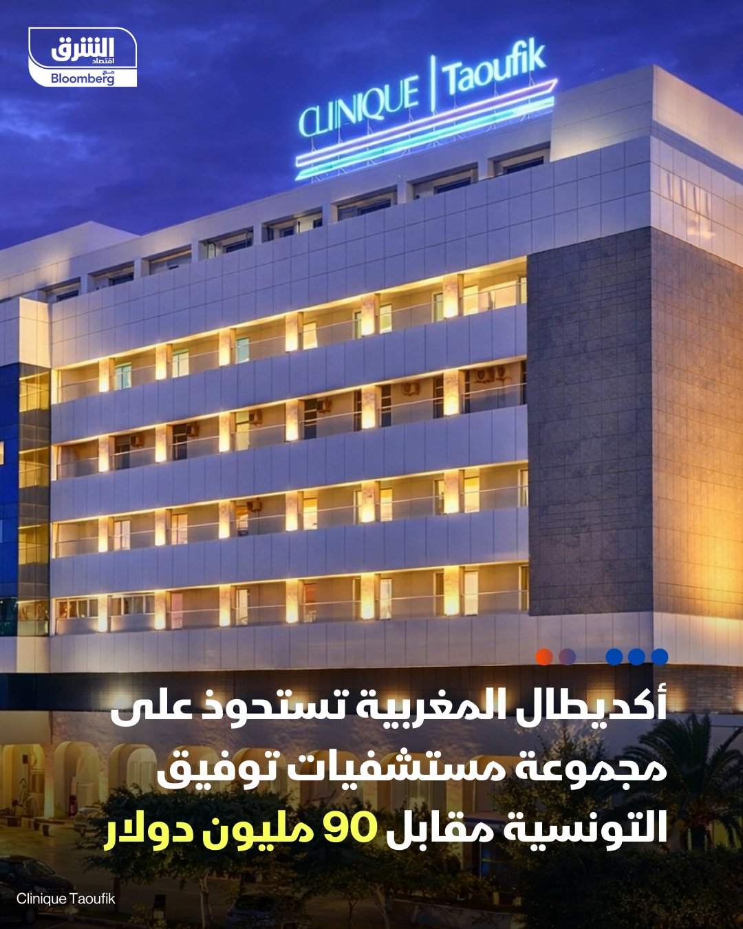 شركة أكديطال المغربية توقع مذكرة تفاهم للاستحواذ على مجموعة "مستشفيات توفيق" التونسي، مقابل 90 مليون دولار. يمثل الاستحواذ أول دخول للشركة المغربية إلى السوق التونسية بعد التوسع في السعودية. إتمام الصفقة مشروط بالحصول على التراخيص التنظيمية المعتادة 