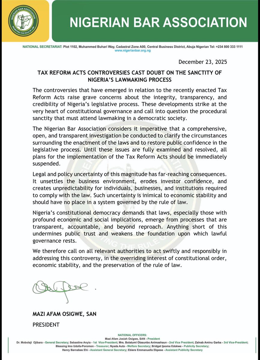 afamosigwe's tweet image. TAX REFORM ACTS CONTROVERSIES CAST DOUBT ON THE SANCTITY OF NIGERIA’S LAWMAKING PROCESS

The controversies that have emerged in relation to the recently enacted Tax Reform Acts raise grave concerns about the integrity, transparency, and credibility of Nigeria’s legislative…