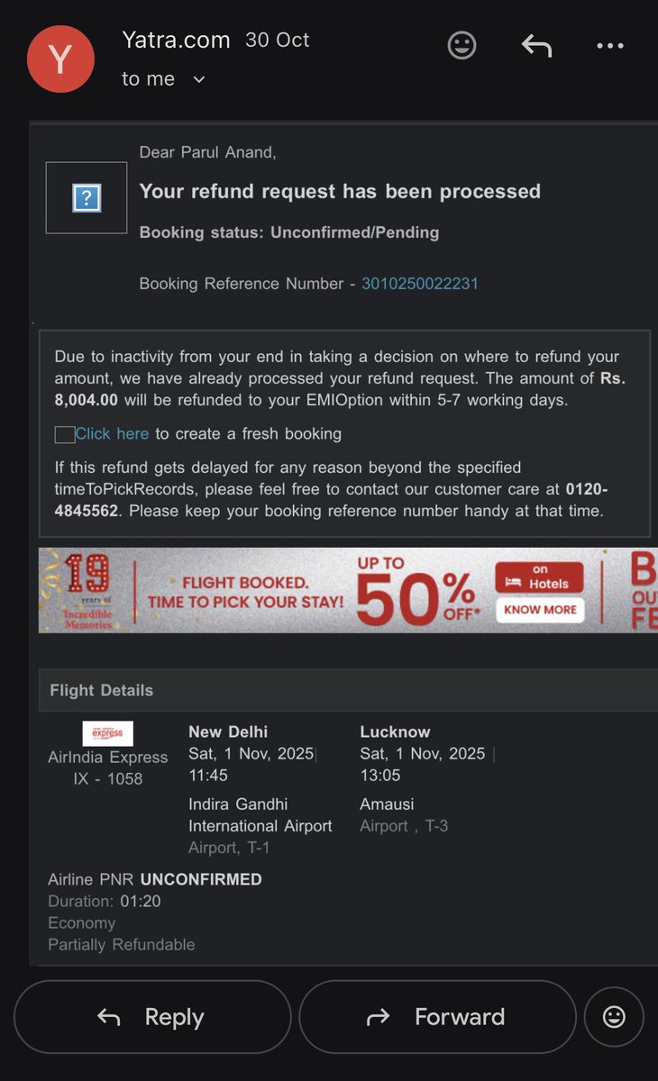 Parul_Anand79's tweet photo. @YatraOfficial @YatraCare 
Where is my refund. Have sent emails on three occasions but haven’t got any reply from your side. Please confirm ASAP https://t.co/RIHMWn7qNf