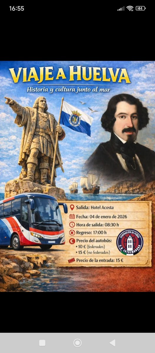 Buenos días ‼️ 
ℹ️ Viaje a <a href="/recreoficial/">RC Recreativo de Huelva</a> 

🚍 ya esta completo el primer autobús que a puesto a disposición de los aficionados la <a href="/fepecdext/">Federación Peñas Cd Extremadura</a> .

🚍🚍 Se ha habilitado un segundo autobús y aún hay plazas disponibles. 

📷 Tienes toda la información en la foto.👇
📞 - 692 851 013 /