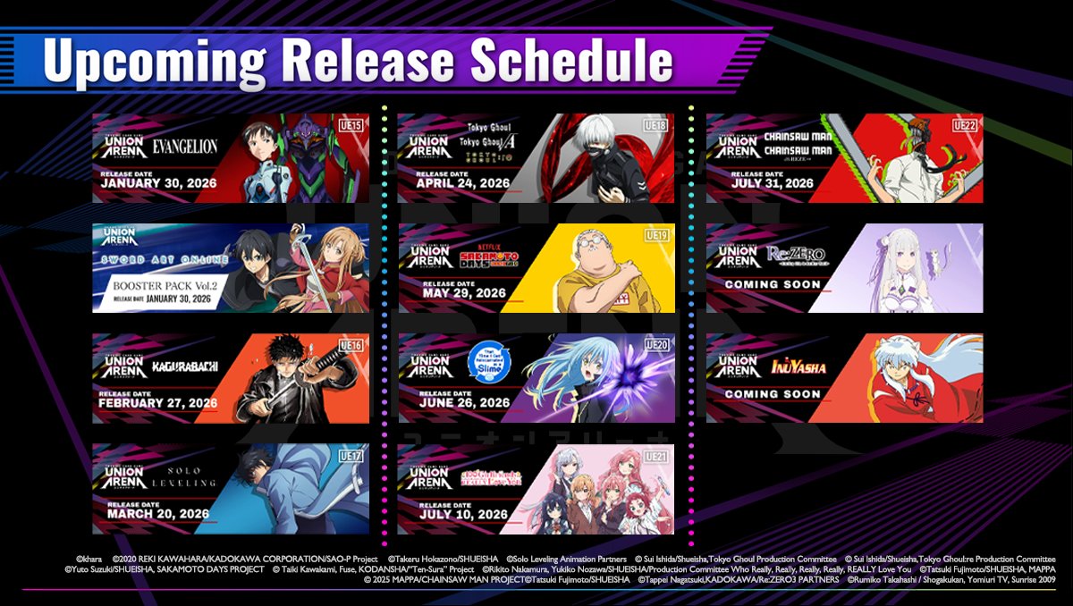 [Info]
#UNIONARENA_EN has some exciting new titles coming in 2026! 🎉 Check out the upcoming release schedule below! 📆✨
New decks and battles await! Stay tuned for launch dates, title reveals, and more! 📺