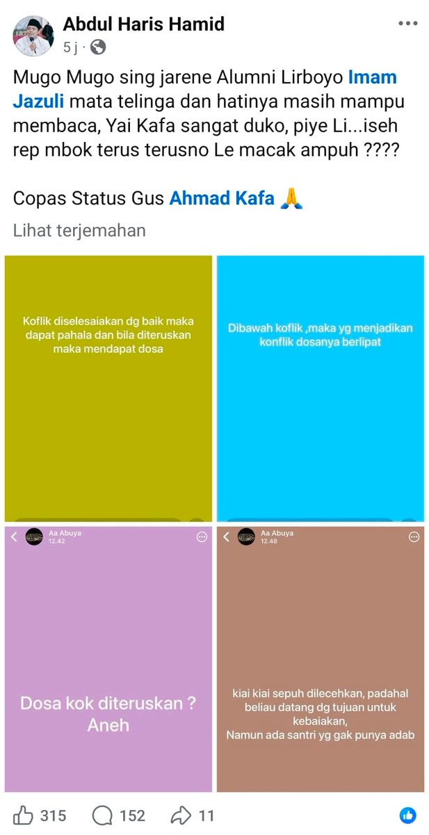 AfifFuadS's tweet photo. Kiai Lirboyo marah.

Kita hari ini dipertontonkan sebuah sikap yg sangat hina dlm dunia santri, yakni santri yg Suul Adab kepada Kiainya.
Dlm Konflik PBNU, kita diperlihatkan dua sikap yg berbeda, Gus Yahya dg ssgala hurmat, Taslim dan Sam'an Wa Thaatan, dan satu lagi 👇 https://t.co/PSxe8yFIt0