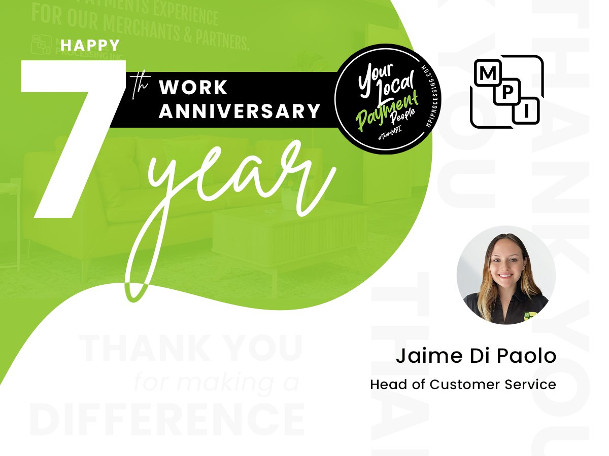 Cheers to 7 years of Jaime at MPI!
Newly promoted to Head of Customer Service and the reason we can offer under 14 sec wait times + 8 min resolution.
You're a force, Jaime!
#WorkAnniversary #CustomerExperience #TeamMPI #LocalPaymentPeople