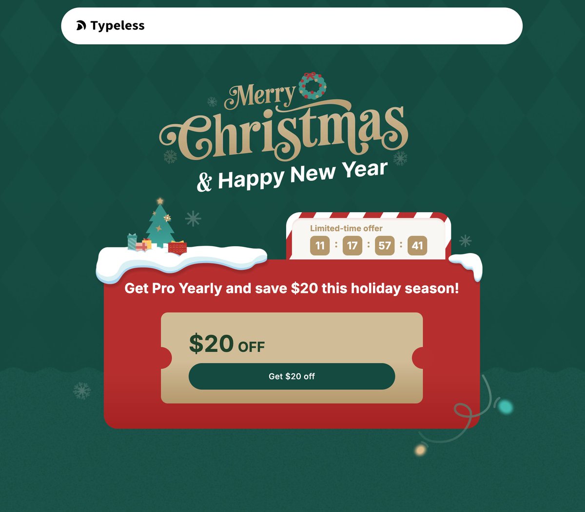 huang_song_'s tweet image. You can't slow time.
You can't pause life.
But you can get one more day every week with Typeless.

🎁 $20 off Typeless Pro (Yearly)
Our holiday thank-you. Limited time.

👉 typeless.com/pricing