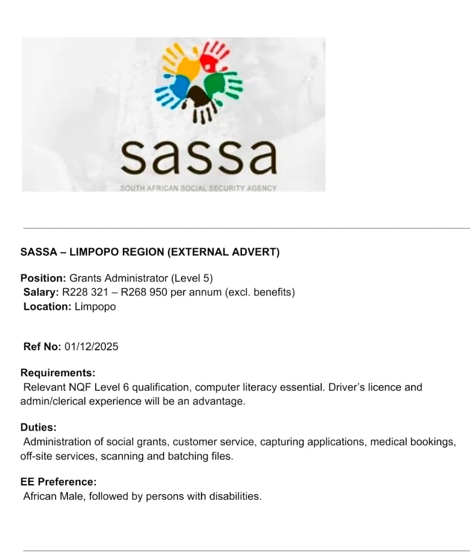 📌Grants Administrator SASSA Relevant qualification at NQF Level 6