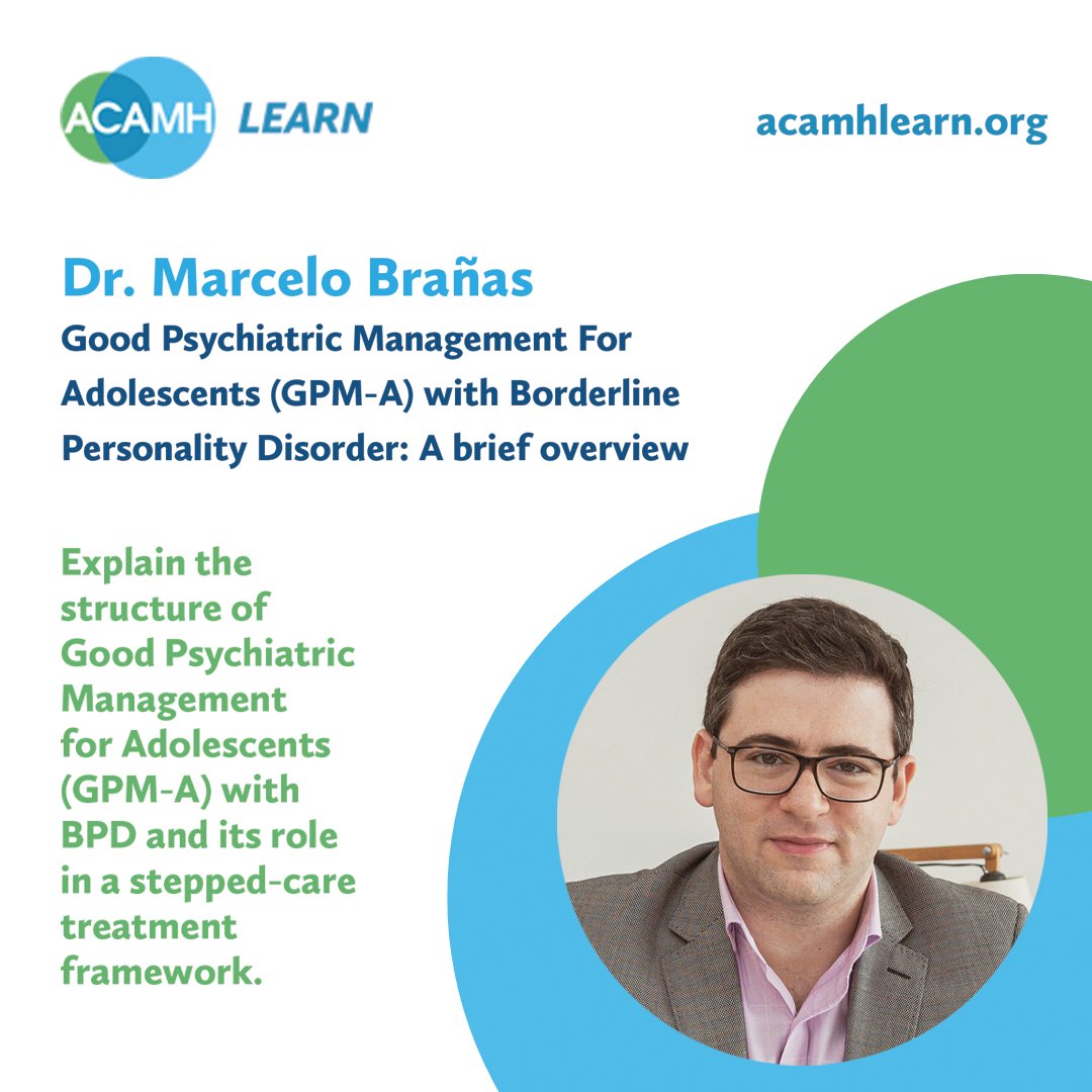 TheCAMH's tweet photo. In this @ACAMHLearn talk, @MarceloBranas explains the structure of Good Psychiatric Management for Adolescents (GPM-A) with #BPD and its role in a stepped-care treatment framework.

Watch now to learn more. https://t.co/jwxw649zqY https://t.co/7okqC76AmL
