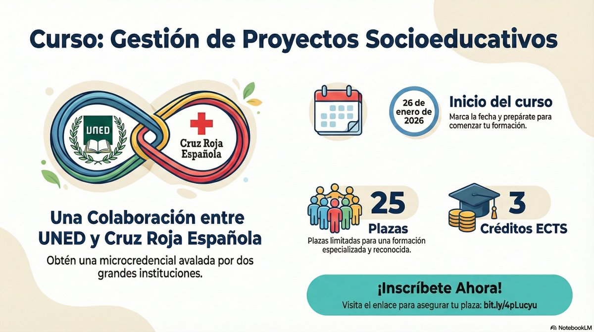 #GestiondeProyectos #EducacionSocial #Microcredencial
<a href="/UNED/">UNED</a> <a href="/CruzRojaEsp/">Cruz Roja Española</a>
Gestión de Proyectos Socioeducativos
Inicio: 26 de enero de 2026
¡Solo 25 plazas!
Certificado de 3 ECTS
Inscripción: bit.ly/4pLucyu