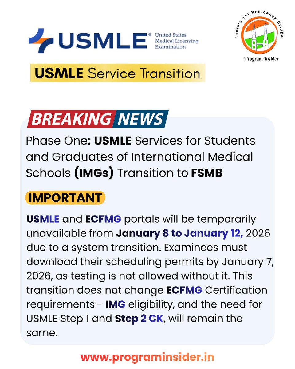 ProgramInsider's tweet photo. #USMLE  Service Transition | Launching January 2026

Important updates are coming to the USMLE services and portals starting January 2026.
These changes may impact registration, account access, and exam-related processes.

👉 Swipe to understand what’s changing https://t.co/jGxz7LKkNv