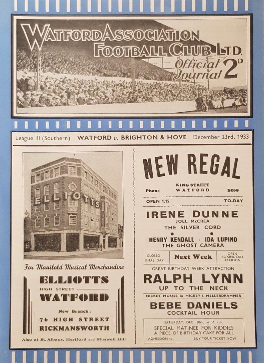 If you think the Christmas period is busy now, spare a thought for pre-WWII footballers. On this day in 1933, #BHAFC played the first of four games in 8 days. The game against #WatfordFC ended in a 2-0 defeat, watched by 5,346. seagullsprogrammes.co.uk