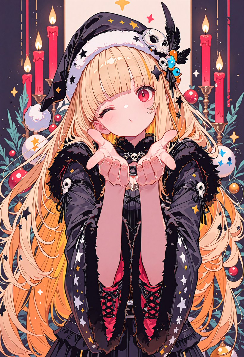 kiAI_stable's tweet image. 【AIクリスマス童話】
🚨 緊急任務 発動🚨 

こちらのテーマは死神☠×投げキッス💋

*-*-*-*-*-*-*-*-*-*-*-*-*-*-*-*-*-*-

投げキッスで
ふーっと吹いたら
蝋燭の火、消えちゃった🕯️

……あれ？
命じゃなくて火だけだから、
セーフだよね？😉✨

今夜は
鎌よりリップ、
黒衣よりハート多めで🖤🎀…