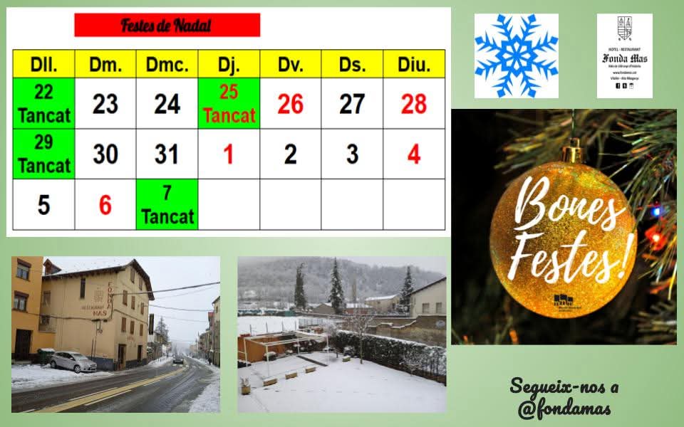 📢📢 Dies Obertura FESTES NADAL i CAP D'ANY 😉
Horari menjador de 13h a 15'30h 😋😋
+ Info. i Reserves:
☎️ 973 69 80 09
@fondamas #obert #nadal25 #vilaller #valldebarravés #altaribagorça #pirineus #lleida #cuinacasolana #productesdeproximitat #km0 #restaurant  #100anysdeFondaMas