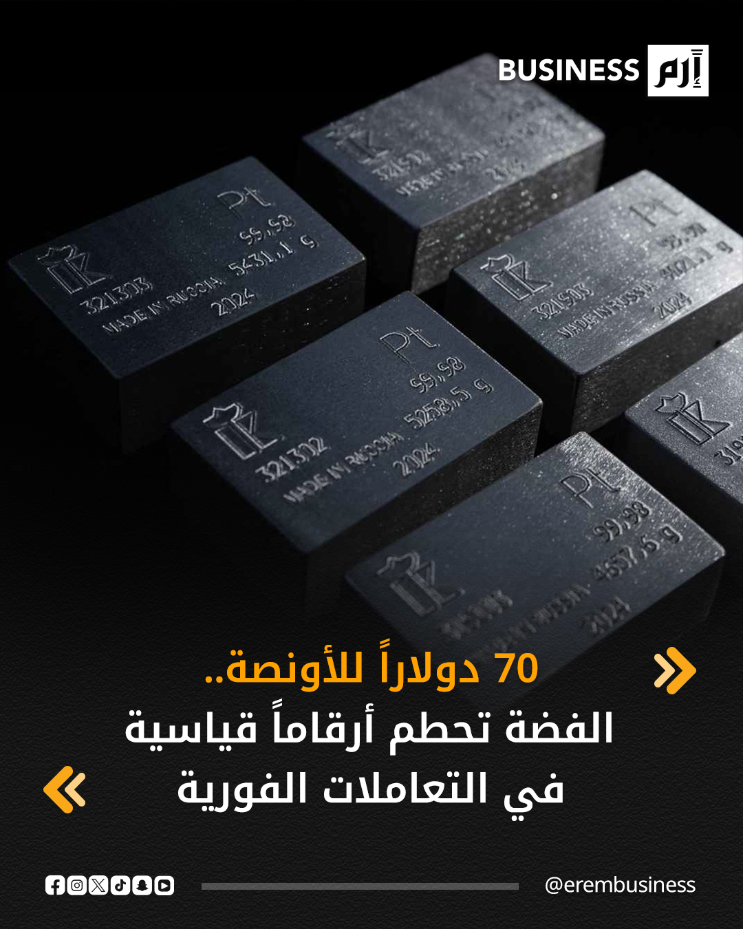 عاجل الفضة تواصل الصعود. سجلت أسعار الفضة مستوى قياسياً جديداً في التعاملات الفورية، متجاوزة 70 دولاراً لـ الأونصة وسط زخم قوي في أسواق #المعادن. 