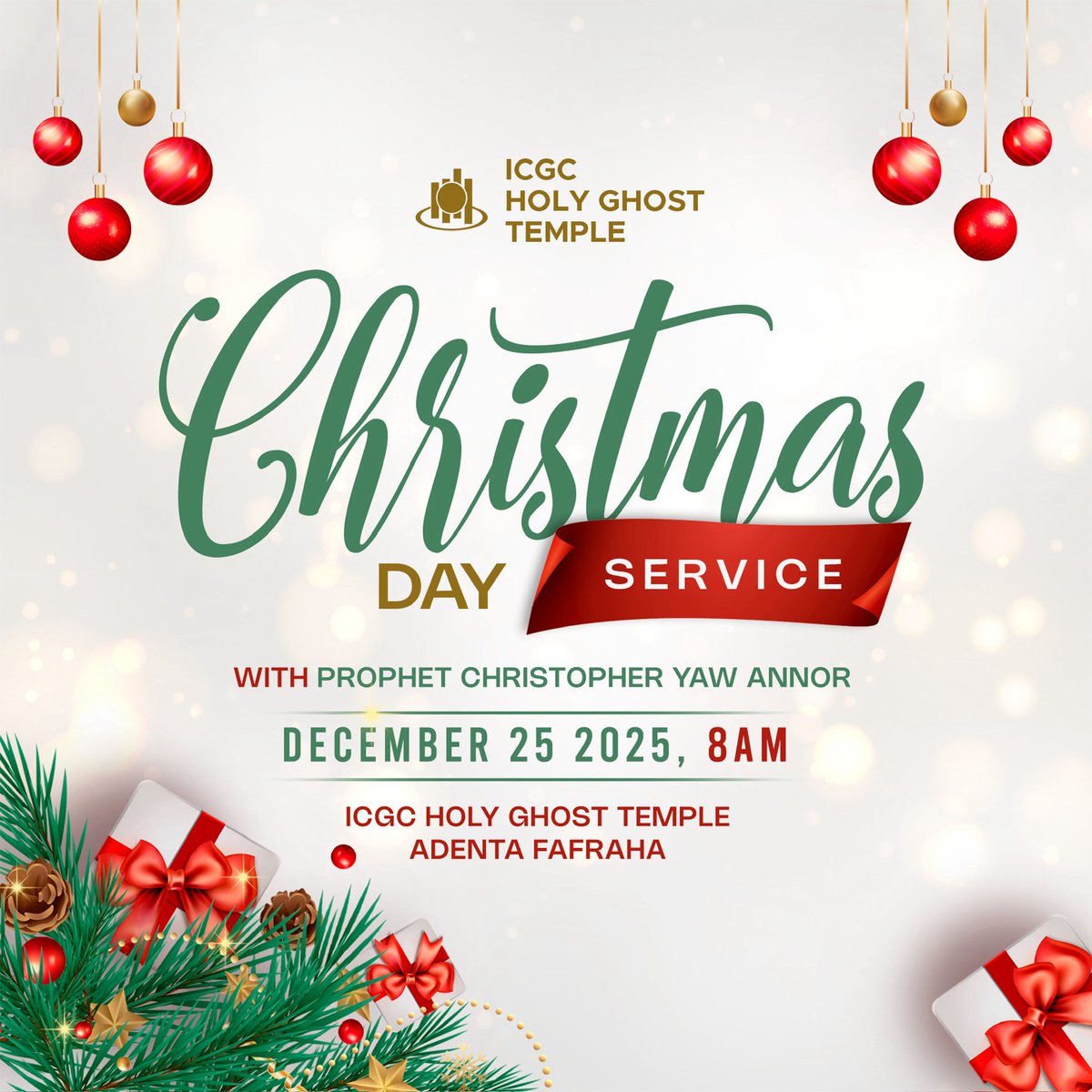 Join us for our Christmas Day Service with <a href="/prophetyawannor/">Prophet Christopher Yaw Annor</a> as we celebrate the birth of our Lord Jesus Christ!

🗓 Date: This Thursday, 25th December
🕗 Time: 8:00 AM

Come with a joyful heart, ready to worship and celebrate the greatest gift of all—Jesus! 🎁🌟

#christmas