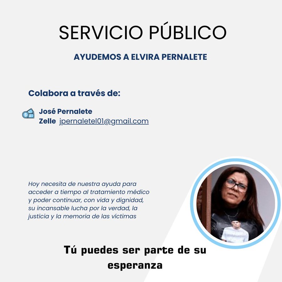 La querida <a href="/elloverah/">Elvira Pernalete</a>, mamá de Juan Pablo Pernalete, un chamo asesinado en las protestas de 2017, ha trabajado todos estos años por la justicia que necesitamos en Venezuela.

Tiene un tumor en la mama izquierda y necesita una operación urgente. 

Si está en tus posibilidades, por