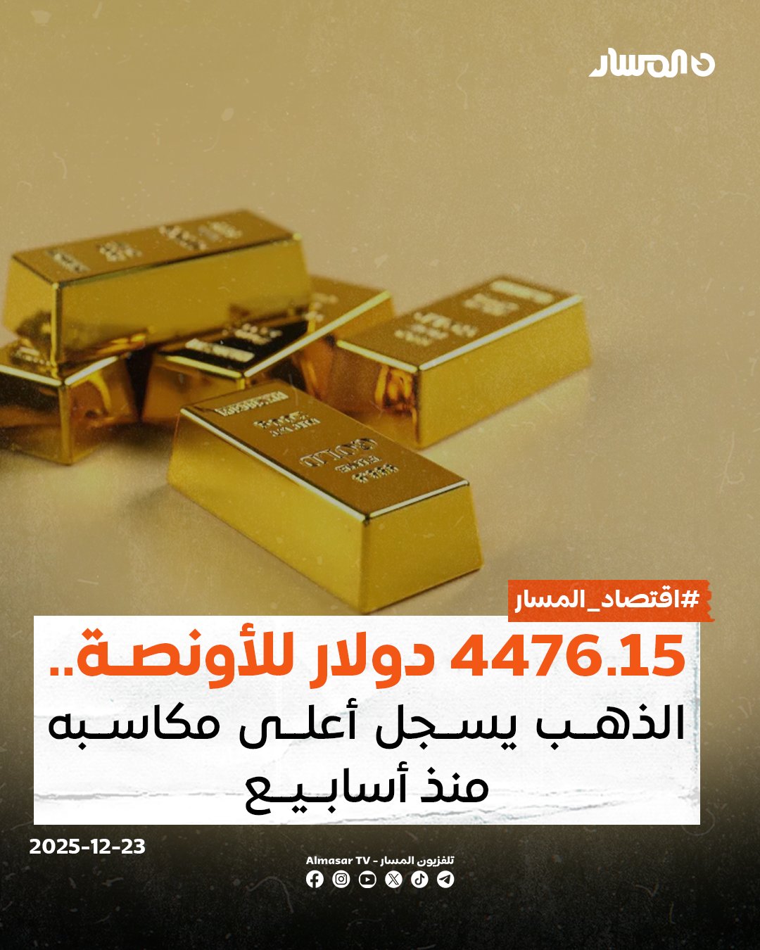 اقتصاد المسار | سجلت أسعار الذهب اليوم الثلاثاء إرتفاعاً ملحوظاً وسط تصاعد التوترات الجيوسياسية وآفاق خفض إضافي لأسعار الفائدة الأميركية، حيث جرى تداول المعدن النفيس في المعاملات الفورية 0.7 بالمئة إلى 4476.15 دولار للأونصة، بحسب رويترز 