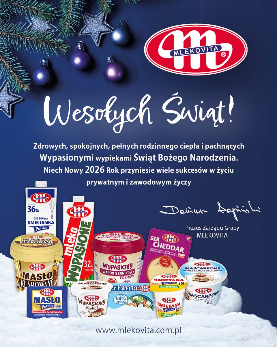 Mlekovita's tweet photo. Za chwilę zasiądziemy do wigilijnego stołu… Dlatego już teraz życzymy zdrowych, spokojnych i pełnych rodzinnego ciepła Świąt Bożego Narodzenia! Niech ten czas pachnie domowymi wypiekami, a Nowy Rok przyniesie wiele powodów do radości - zarówno w życiu prywatnym, jak i zawodowym. https://t.co/9w5lXBInej