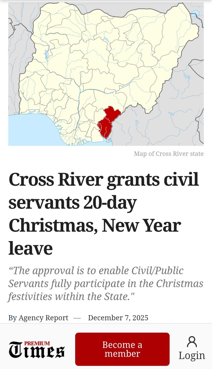 Abdul_Ahmad_'s tweet image. Where is the Christian Association of Nigeria (CAN)?

Cross River State has granted a 20-day break to government workers for Christmas celebrations — yes, 20 consecutive days for just a two-day Christmas holiday.

Some time ago, last year, the Christian Association of Nigeria…