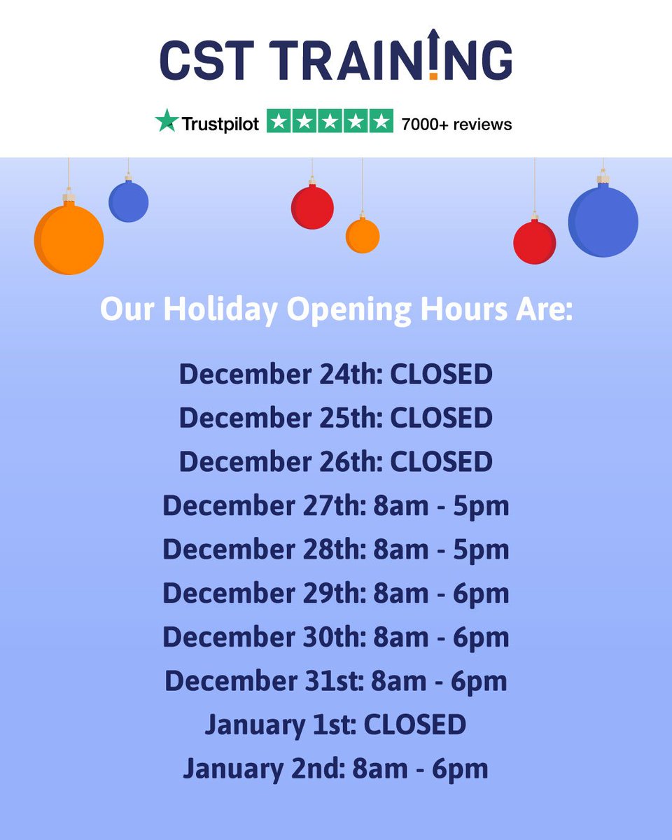 🎅 CST Training Holiday Opening Hours 🎆

Our opening hours will change slightly over the holiday period to allow our hardworking team a well-deserved Christmas break!

#trainingprovider