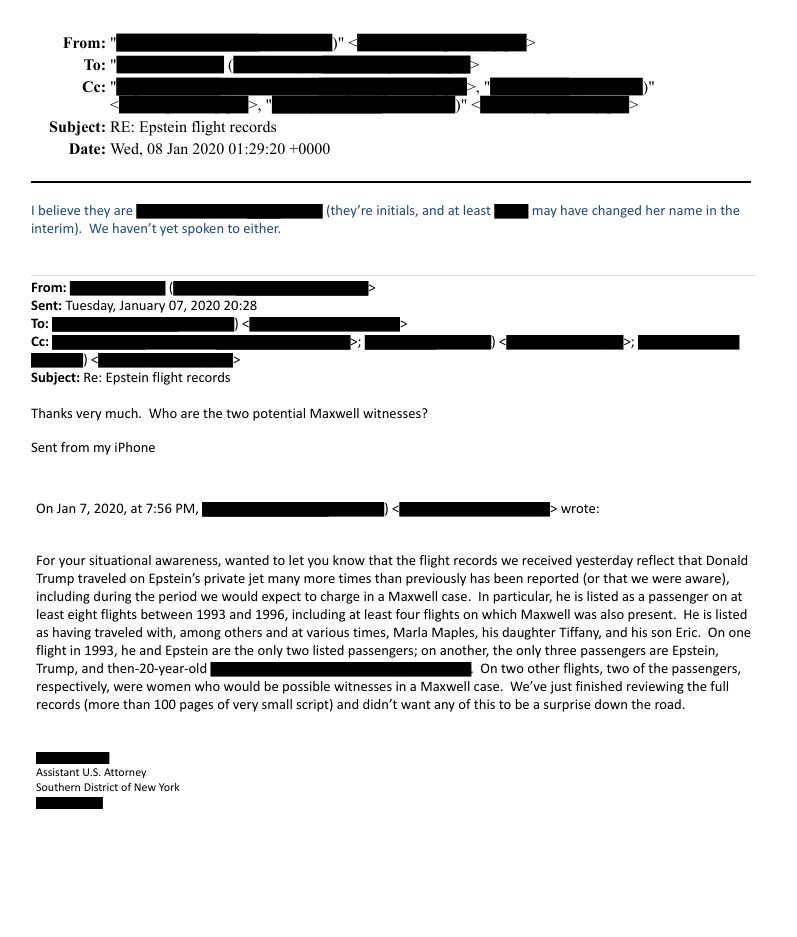 MacFarlaneNews's tweet image. Among the newly-released Epstein files.  This Justice Dept email from Jan 2020

'I wanted to let you know that the flight records we received yesterday reflect that Donald Trump traveled on Epstein's private jet many more times than previously has been reported"