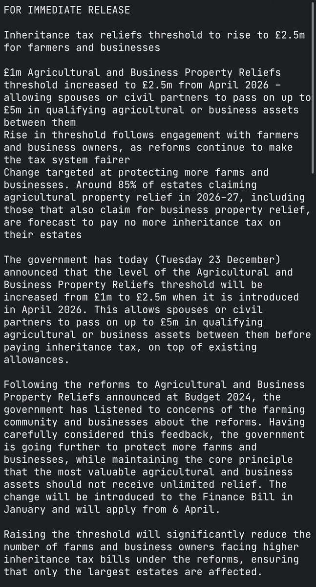 DanNeidle's tweet image. Big news on farm and small business inheritance tax: